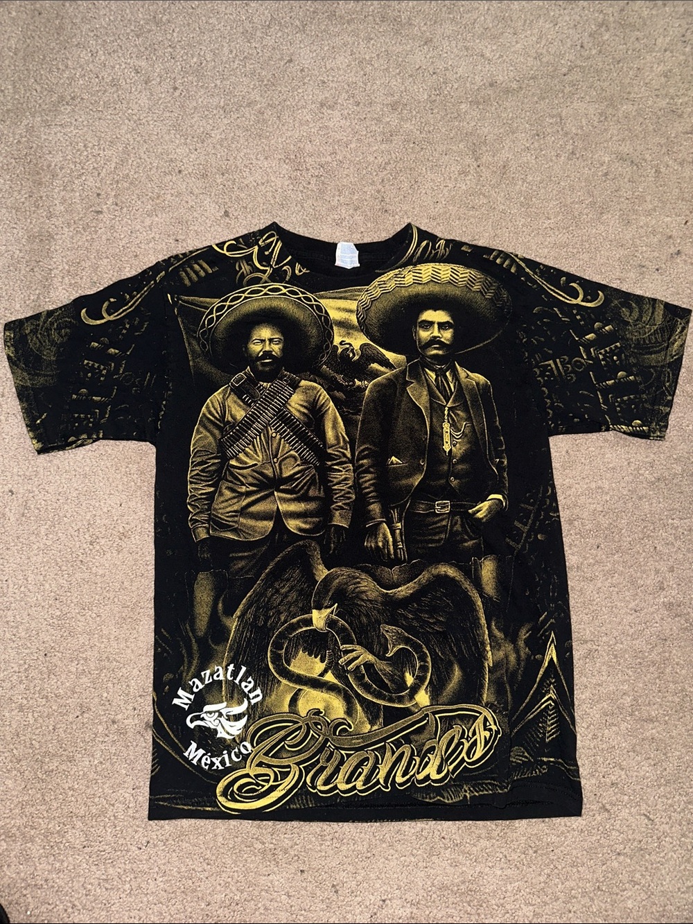 Vintage Yazbek Los Dos Grandes Pancho Villa & Emiliano All Over Print T-Shirt